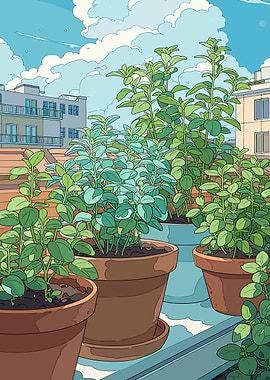Balcony Herb Garden with Cityscape