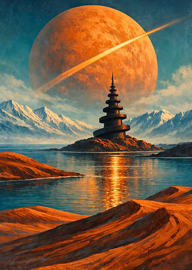 Alien Planet Landscape with Tower and Ringed Planet