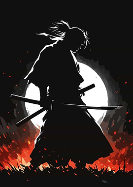 Samurai Silhouette with Moon and Fire