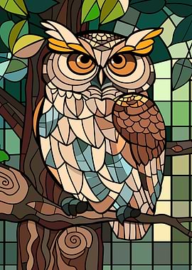 Stained Glass Owl on a Branch