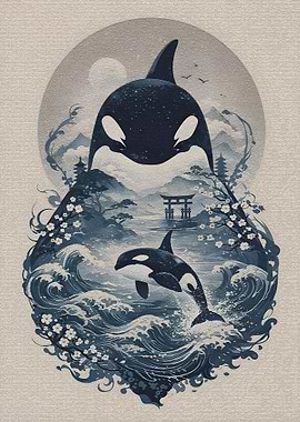 Orcas in Japanese Landscape