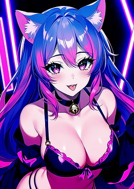 Anime Cat Girl with Pink and Blue Hair