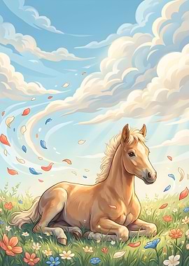 Cute Foal in a Flower Field