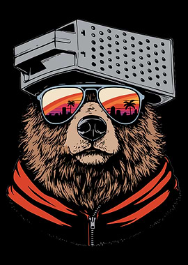 Cool Bear Poster, Retro Aviator Bear Art Print, Neon Sunset City Wall Decor
