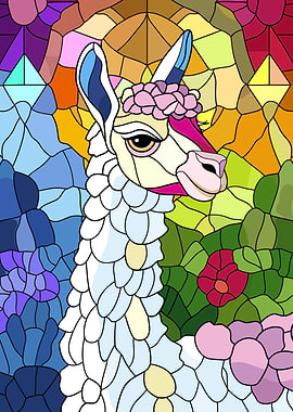 Stained Glass Llama with Flowers