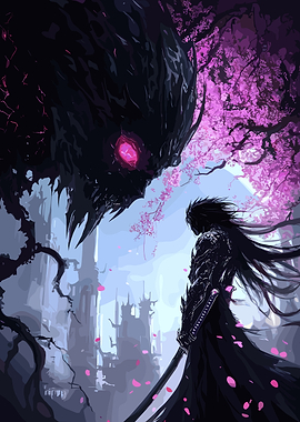 Warrior facing a dark creature under cherry blossoms
