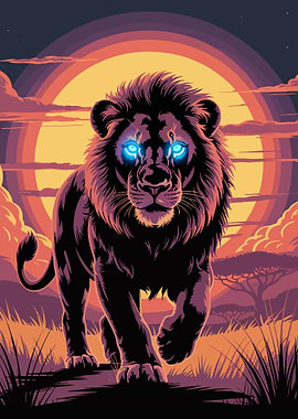 Lion with glowing blue eyes at sunset