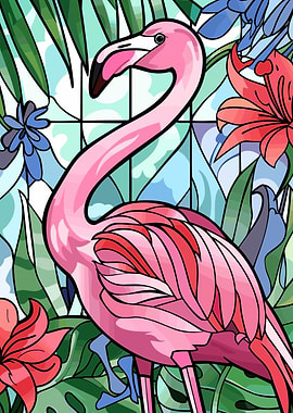 Pink Flamingo in Tropical Floral Setting
