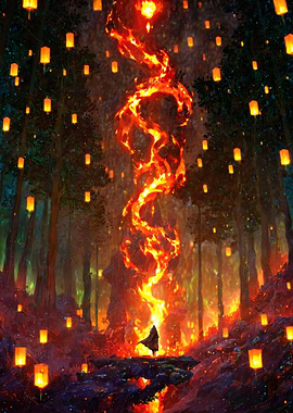 Mystical Forest with Fire Elemental and Lanterns