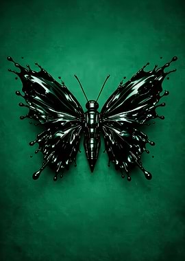 Black Ink Butterfly on Green Background