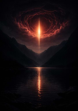 Mystical Light Beam Over Mountain Lake