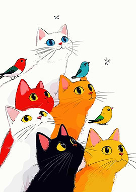 Cats and Birds Illustration