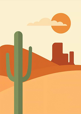 Desert Landscape with Cactus and Sun