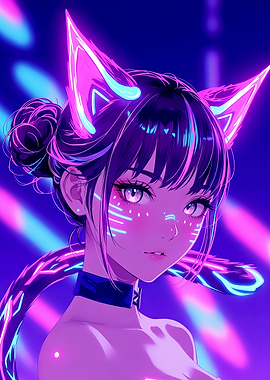 Neon Cat Girl Anime Portrait
