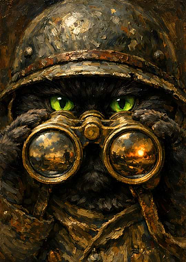 Black Cat Animal Soldier Scout Oil Painting