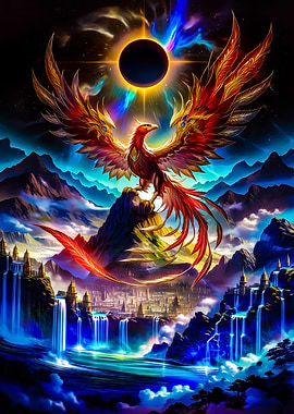 Phoenix Over Fantasy Cityscape