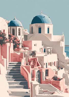 Santorini Village with Blue Domes