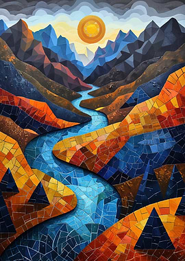 Geometric Mountain River Landscape