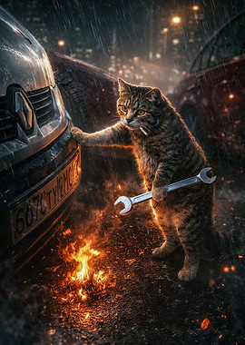 Cat Mechanic in the Rain