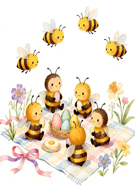 Cute Bees Having an Easter Picnic
