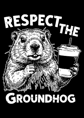 Respect the Groundhog Poster, Funny Groundhog Coffee Art, Black and White Animal Print