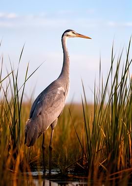 Heron standing in reeds at sunset