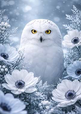 Snowy Owl with White Flowers