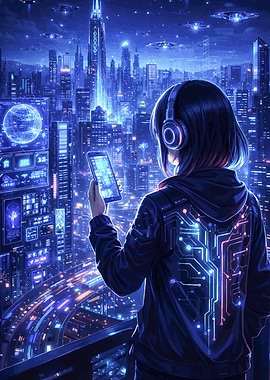 Futuristic Cityscape with Person