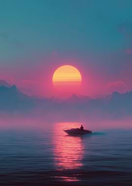 Boat on a Lake at Sunset