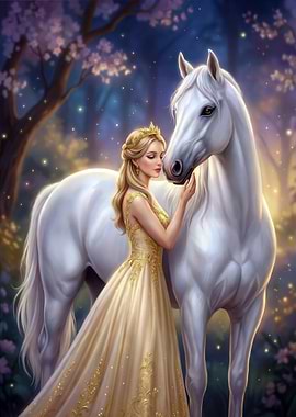 Princess and White Horse in Enchanted Forest