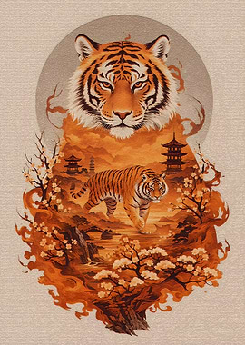 Tiger in Japanese Landscape