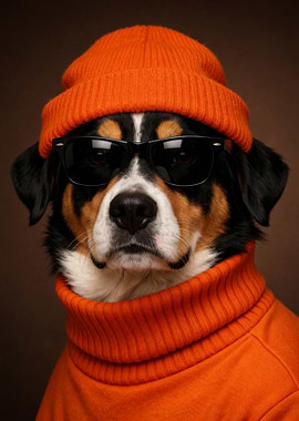 Dog Wearing Orange Beanie and Turtleneck