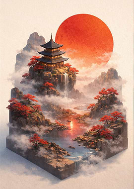 Pagoda on a Cliff with Red Sun