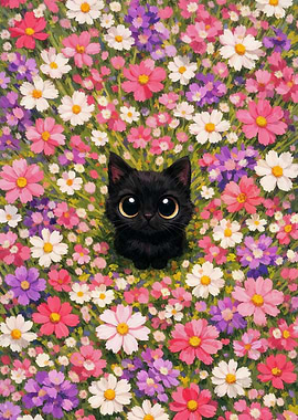 Cute Black Cat in a Field of Flowers