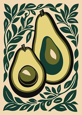Avocado Halves with Green Leaves