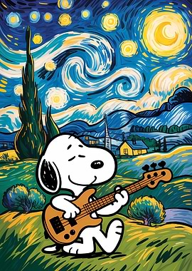 Snoopy playing guitar in Van Gogh style