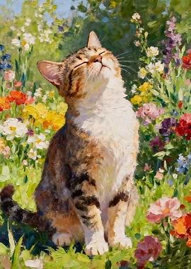 Cat basking in a flower field