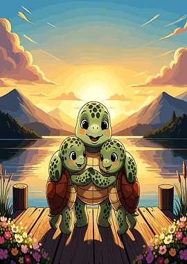 Three Turtles Hugging at Sunset