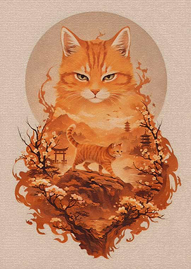 Orange Cat in Japanese Landscape