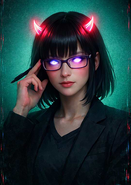 Anime Girl with Devil Horns and Glowing Eyes