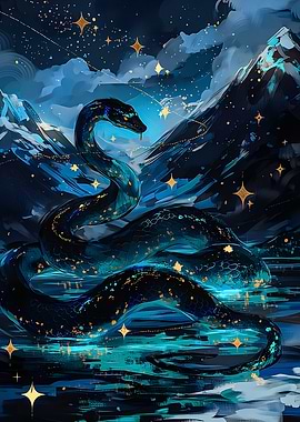 Mythical Serpent in Starry Night Landscape