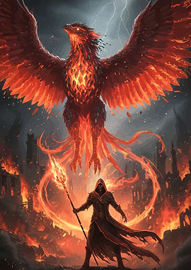 Phoenix and Sorcerer in Fiery City