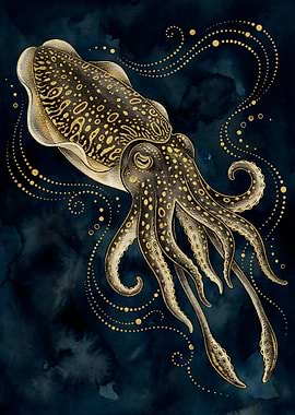 Golden Cuttlefish in Dark Water