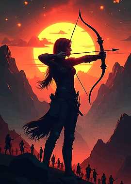 Archeress silhouetted against a sunset