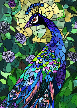 Stained Glass Peacock with Flowers