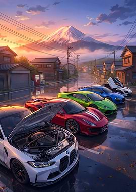 Japanese Anime Sports Cars Sunset Fuji