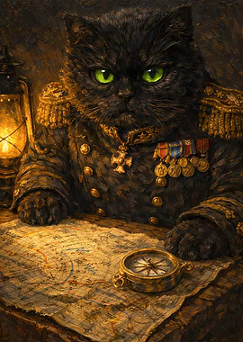 Black Cat Animal Soldier Leader Oil Painting