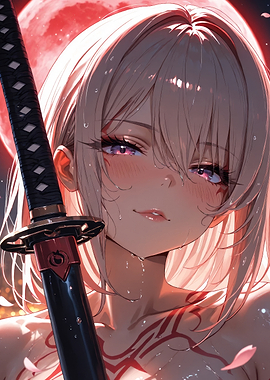 Anime Girl with Katana and Red Moon