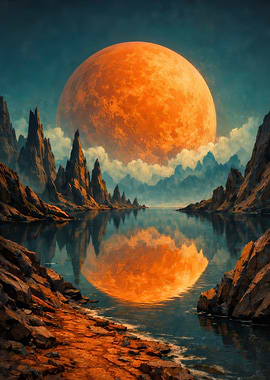 Alien Planet Landscape with Giant Orange Moon