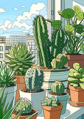 Potted Cacti and Succulents on a Balcony
